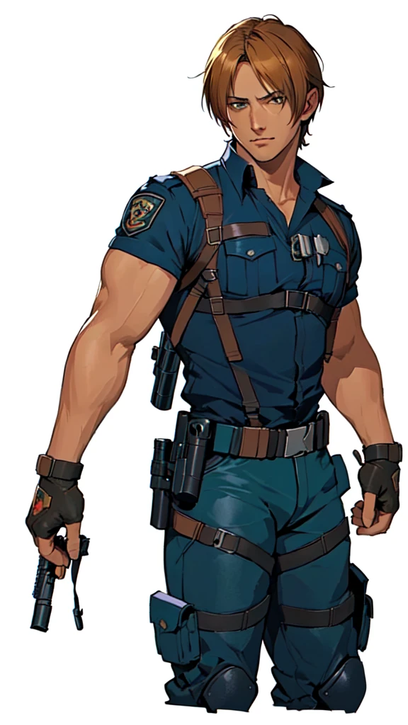 a close up of a person with a gun and a shirt, character design police man, Leon Kennedy, character art, character design Leon Kennedy!!, official character illustration, full body character, official character art, full-body character portrait, single character full body, character full body portrait, full body illustration, official art, full body single character