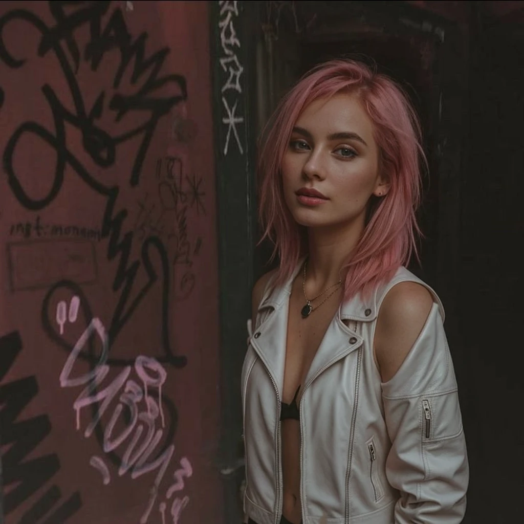 (())), 25-year-old Caucasian French girl with shoulder-length messy pink hair, adorned with , hair l . Captured in the best quality, this illustration serves as a 4K wallpaper,white black leather jacket, pink bra, black leggins
