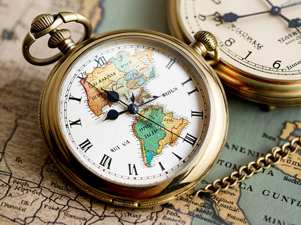 Create an image of an analog pocket watch placed on top of an African map, make it look vintage and stylish and it should be landscape side
