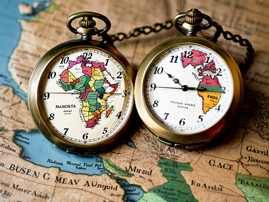 Create an image of an analog pocket watch placed on top of an African map, make it look vintage and stylish and it should be landscape side