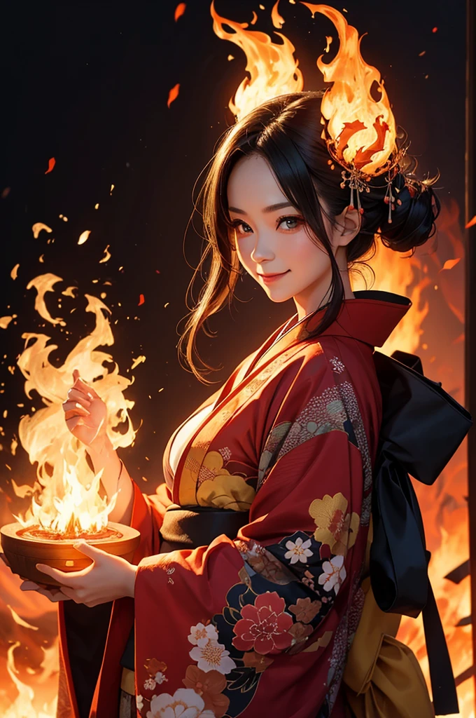A beautiful woman in a kimono smiles as she makes a contract with a fire demon against the backdrop of a fire magic circle