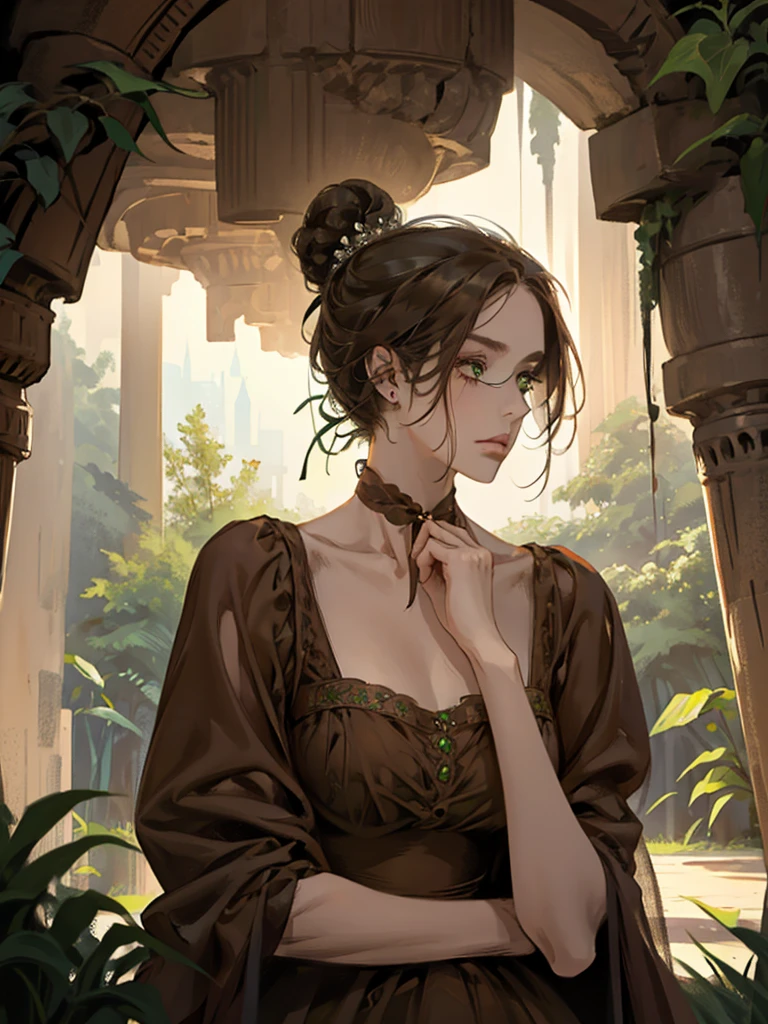 one, digital painting of a woman with her hair tied up in a bun, Brown hair, green eyes, young noblewoman from the 1800s , calm face, looks down, dark red dress, ((neck-length dress)), decorations on the head around the hair portrait style, looking away, in a beautiful and green garden