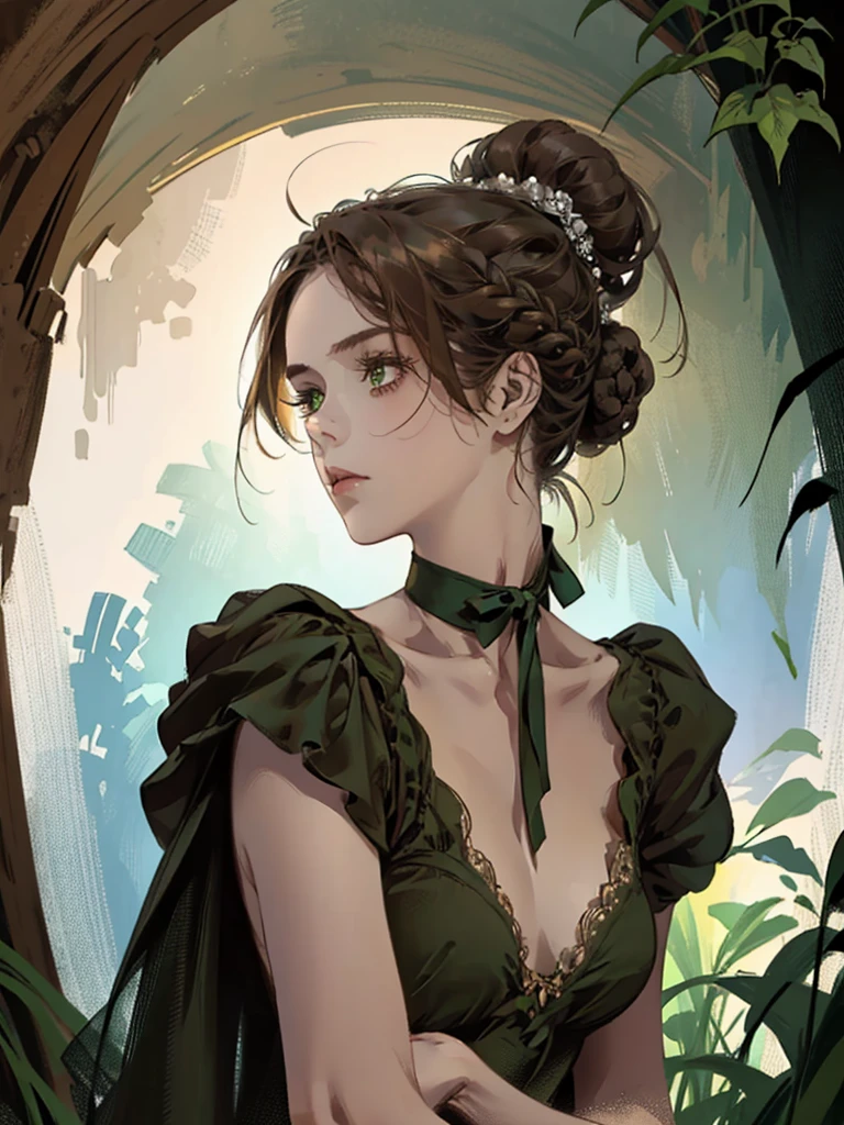 one, digital painting of a woman with her hair tied up in a bun, Brown hair, green eyes, young noblewoman from the 1800s , calm face, looks down, dark red dress, ((neck-length dress)), decorations on the head around the hair portrait style, looking away, in a beautiful and green garden