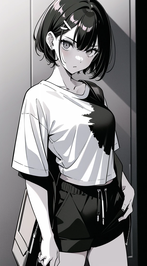 girl, Landscape Portrait, Black and White, Messy short hair, Edgy accessories,Sporty style, Casual T-shirt, A confident gaze, Monochrome color scheme, Look to the side, Chic street fashion, Casual pose with hands in pockets,head,((people)),hairpin