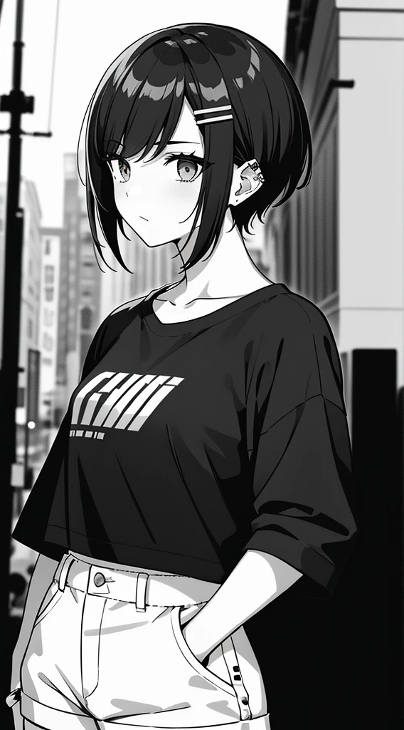girl, Landscape Portrait, Black and White, Messy short hair, Edgy accessories,Sporty style, Casual T-shirt, A confident gaze, Monochrome color scheme, Look to the side, Chic street fashion, Casual pose with hands in pockets,head,((people)),hairpin