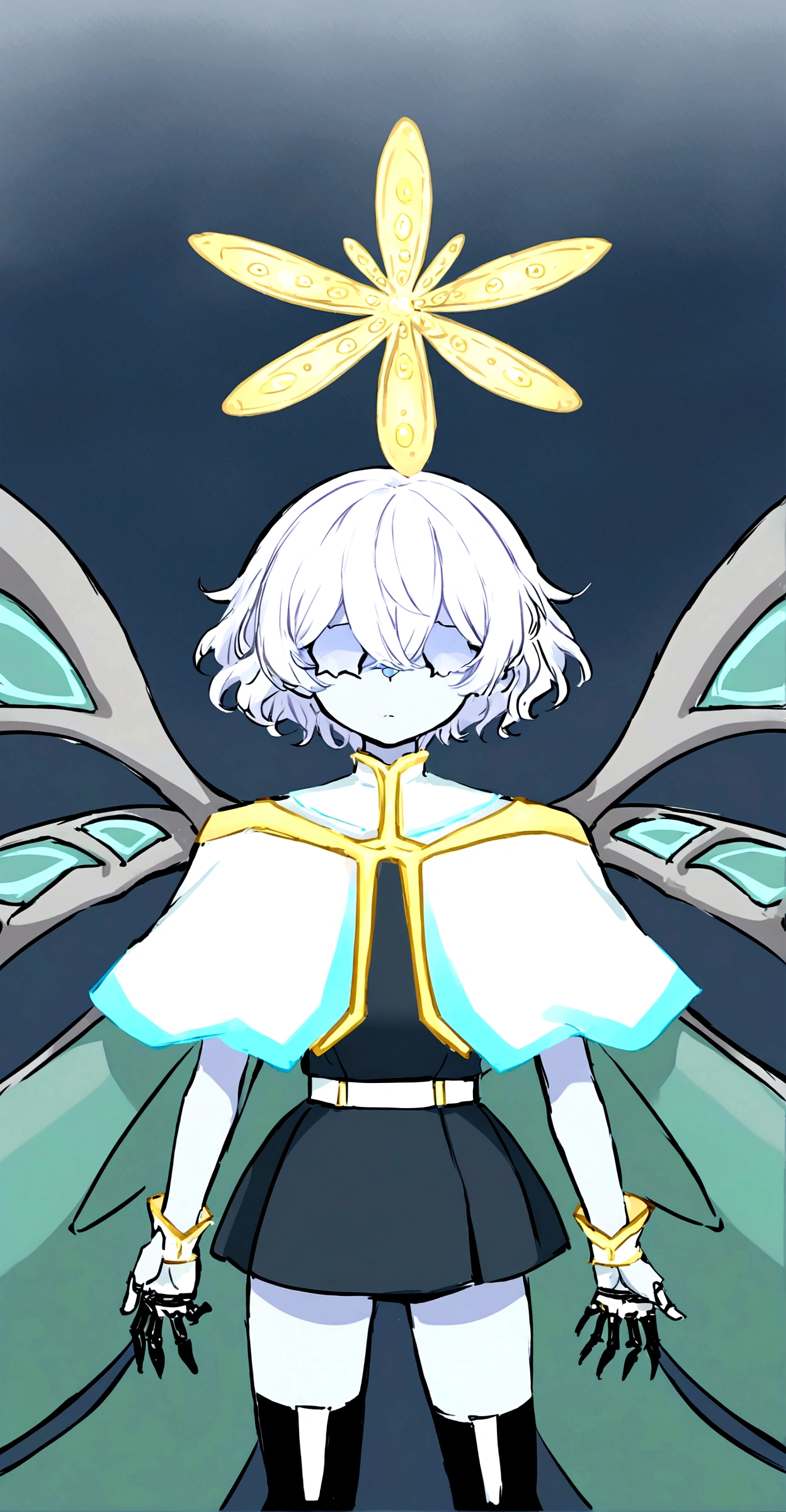 Angel light blue skin short wavy white hair with bangs that cover the eyes skeletal wings 