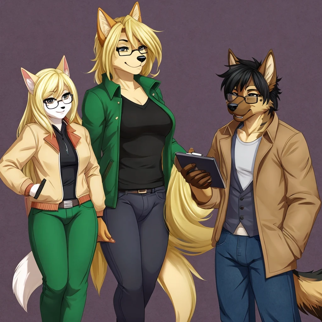 furry, furysona, draw, german shepherd, glasses black, girl, pants jean green, jacket black, hair blonde long style, single, background, woman chest, bulge, height 7'10