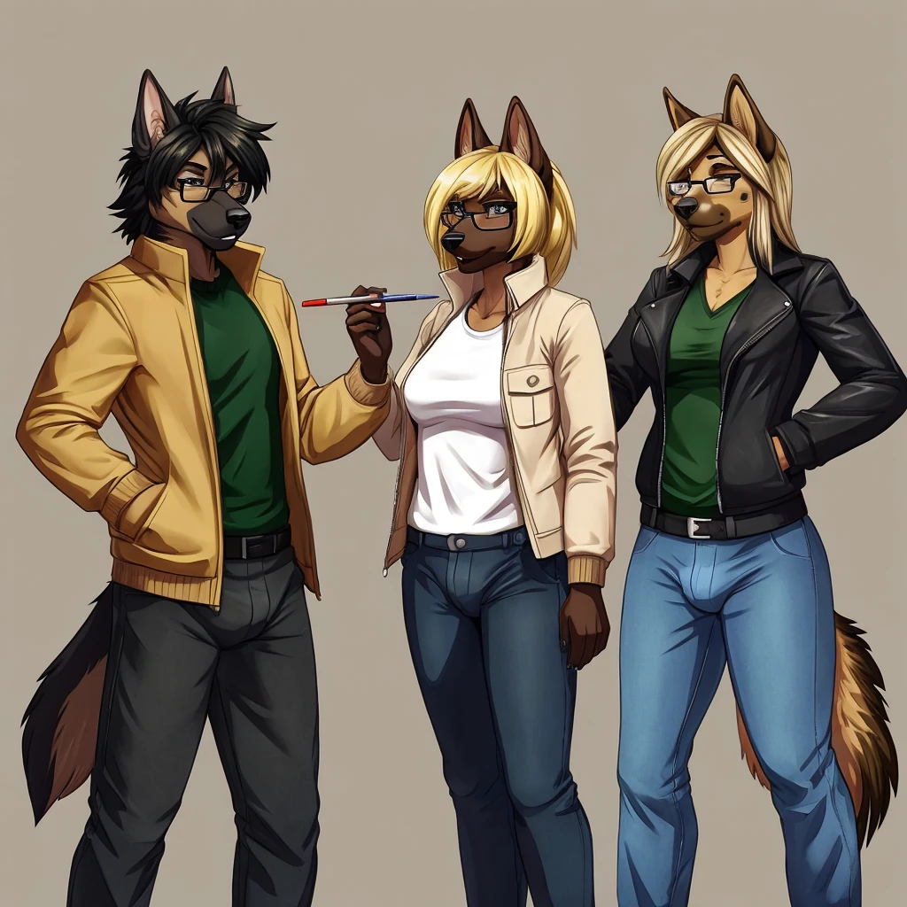 furry, furysona, draw, german shepherd, glasses black, girl, pants jean green, jacket black, hair blonde long style, single, background, woman chest, bulge, height 7'10