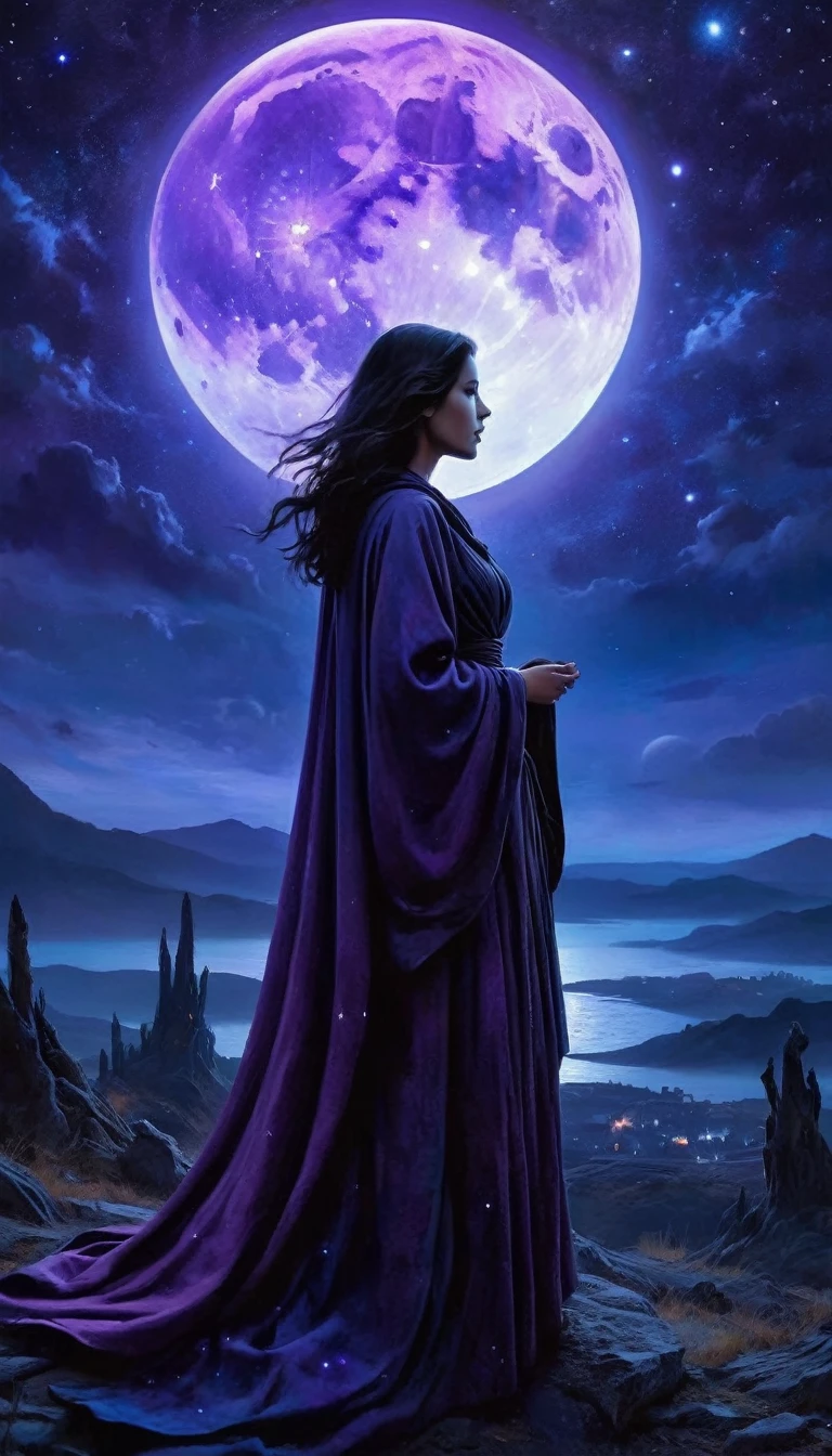 An abstraction of horror in a fantasy world where a woman astrologer is looking at the stars of the night sky and tries to predict the future
Medium: Dark and surrealistic illustrations
Additional details: A moonlit sky with eerie shades of purple and blue, long and airy robes of astrology
Image quality: (best quality, 4k, highres, masterpiece:1.2), ultra-detailed, (realistic, photorealistic, photo-realistic:1.37)
Art style: Horror, fantasy, surrealism
Color palette: Dark and gloomy colors with stark contrasts
Lighting: Soft moonlight casting eerie shadows