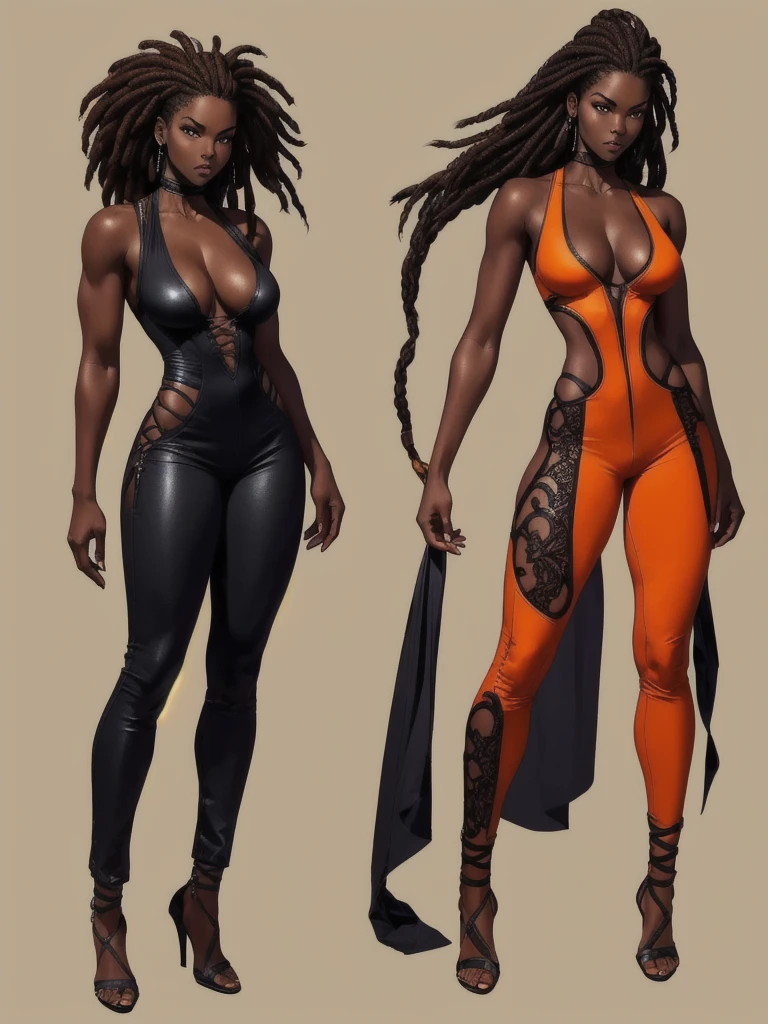 ((best quality)), ((4k)), ((highres)), ((masterpiece:1.2)). ((detailed)), ((ultra realistic)), ((intricate details)), ((full body picture)), ((character design sheet)), a full body picture of a beautifull Ebony skinned female, black woman, dark skin, ebony princess, ebony model, perfect face, detailed eyes, detailed lips, posing with her arms above her head, ((arms above her head)), about 25 years old, about 5'7 ft. tall, long thin dreadlocks down to her hips, ((emphasis on her long thin dreadlocks down to her hips)), pretty, feminine woman, toned body but not too muscular looking, hourglass figure, dressed in a skin-tight sleeveless full body orange jumpsuit, ((emphasis on the skin-tight sleeveless full body orange jumpsuit)), showing cleavage, glamorous, strappy lace up high, fighting game character concept art, tekken character design, the king of fighters character concept, full bofy, full body concept art, full body art