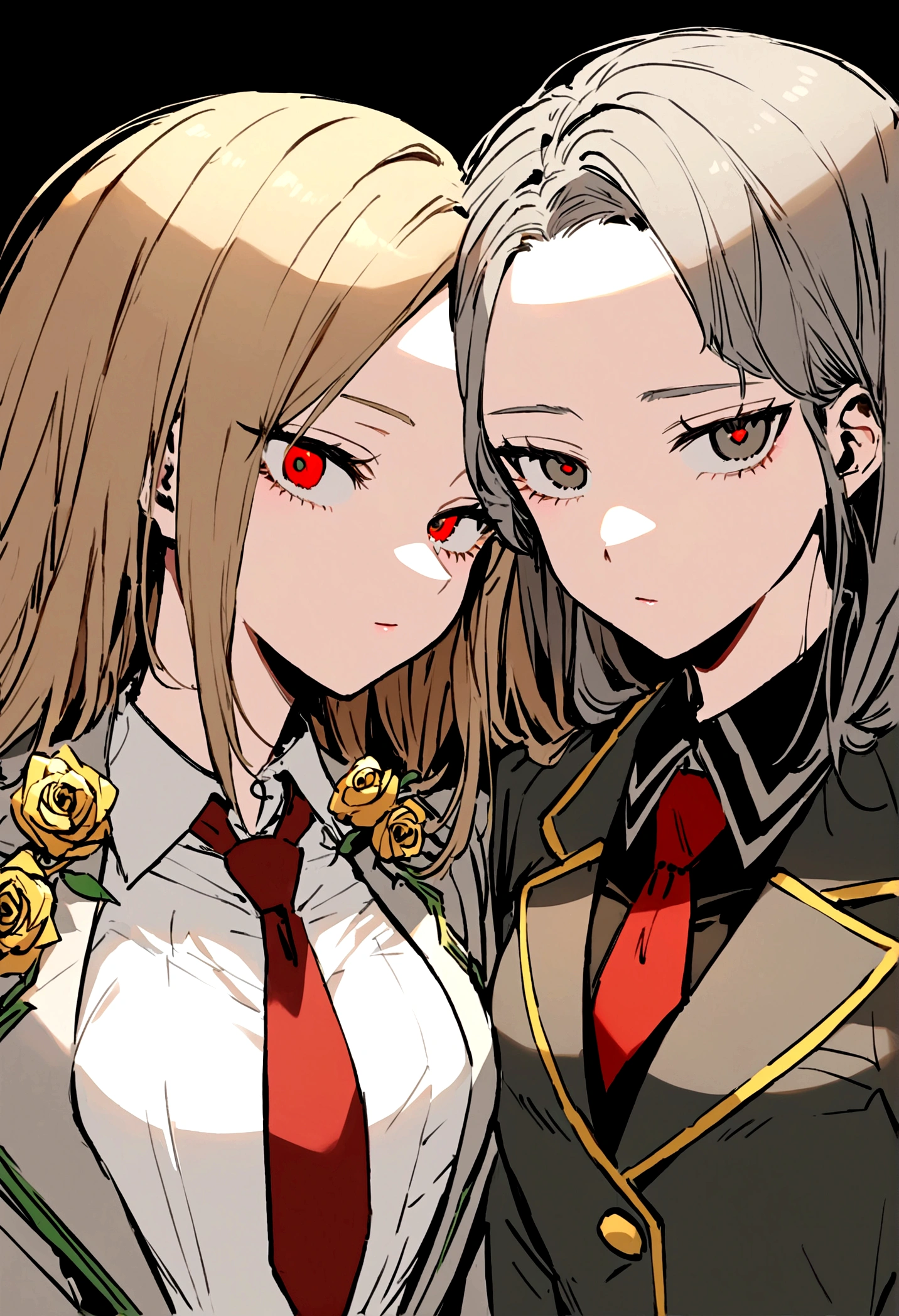 My hero academia style girl with light brown broken hair and a straight golden rose strand,medium large eyes, with a flirtatious and challenging look, Left eye color brown and right eye color golden rose, UA uniform gray jacket with green details, white shirt red tie and gray skirt with green details, view from front