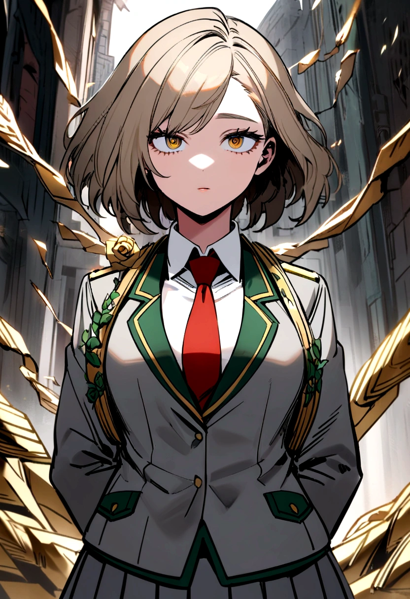 My hero academia style girl with light brown broken hair and a straight golden rose strand,medium large eyes, with a flirtatious and challenging look, Left eye color brown and right eye color golden rose, UA uniform gray jacket with green details, white shirt red tie and gray skirt with green details, view from front