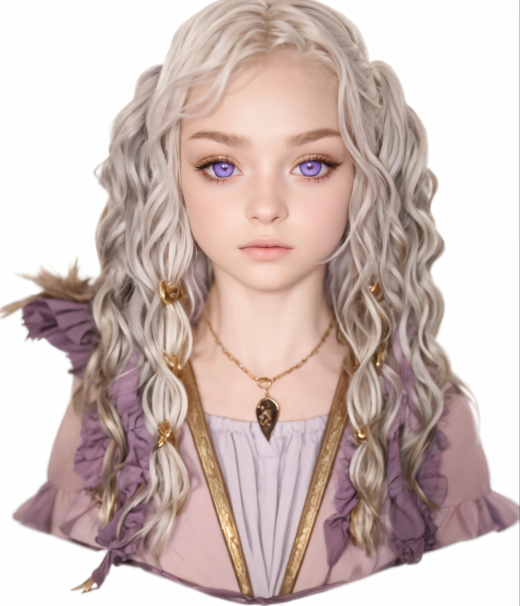 Girl, silver-gold hair, purple eyes, European,