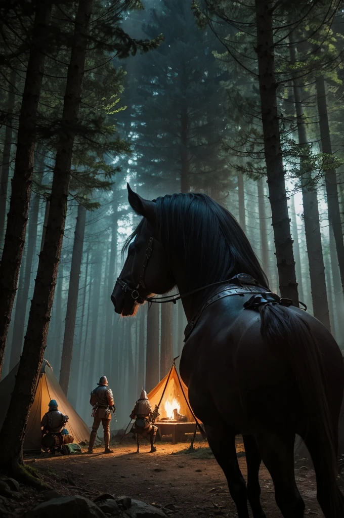6 knights in a dark forest in a camp 