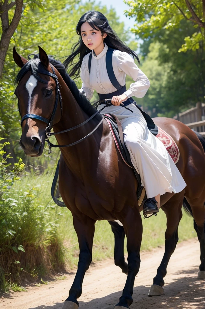 A young noble girl with blue eyes and black hair runs away with a handsome poor stable boy.