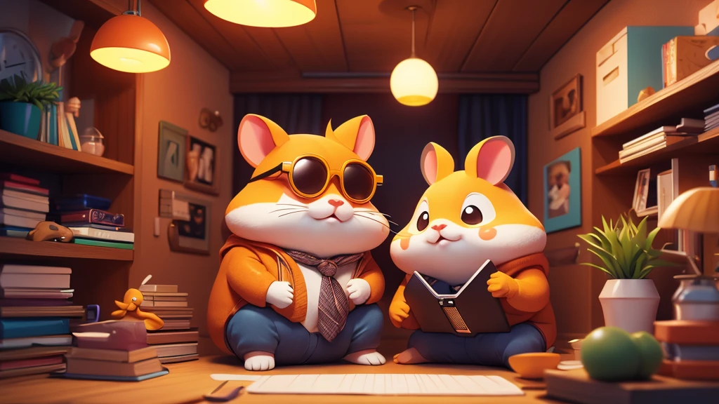 Hamtaro , a tall handsome charismatic orange hamster geek , wearing a suite and sunglasses , sitting at a table with a laptop and a microphone, unsplash, realism, , in a streamer studio room, neon ambiance , looking to camera, portrait shot 8 k, photo portrait, looking towards the camera , ultra detail, high resolution, ultra detailed, best quality, amazing, top quality, extremely detailed CG unity 8k wallpaper, cinematic lighting.