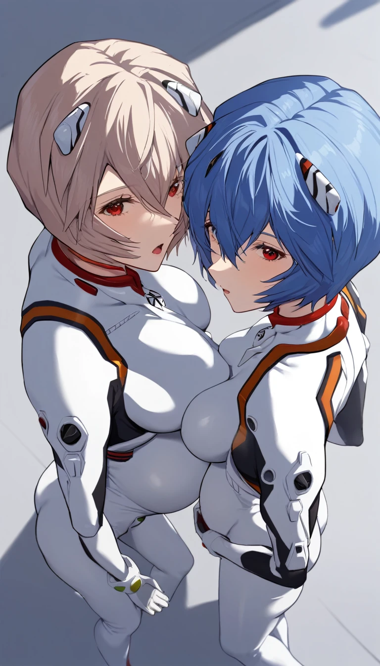 Two Girls, Ayanami Rei, Red eyes, pregnant, short hair, black plugsuit, white plugsuit, Hair between the eyes, View your viewers, Blue Hair, Mouth open, bangs, From above, medium quality, slow,