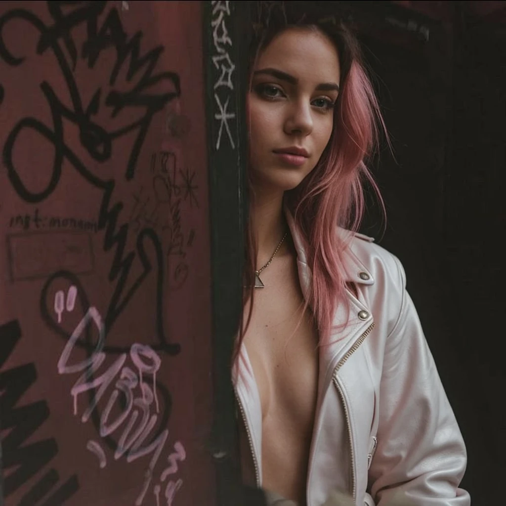 (())), 25-year-old Caucasian French girl with shoulder-length messy pink hair, adorned with ,  hair l . Captured in the best quality, this illustration serves as a 4K wallpaper,white black leather jacket, pink bra, black leggins