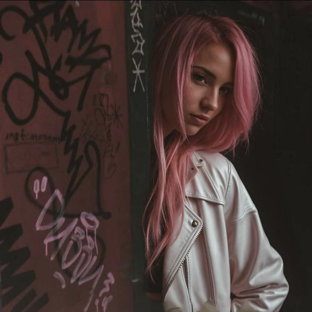 (())), 25-year-old Caucasian French girl with shoulder-length messy pink hair, adorned with , hair l . Captured in the best quality, this illustration serves as a 4K wallpaper,white black leather jacket, pink bra, black leggins