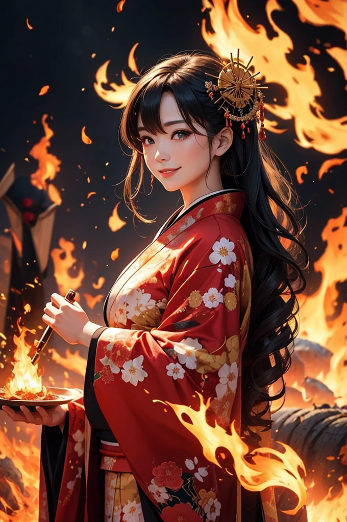A beautiful woman in a kimono smiles as she makes a contract with a fire demon against the backdrop of a fire magic circle