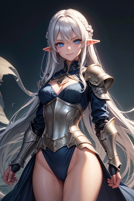 castillo, medieval background, SMILE, smiling, Alone, 1 girl, soft SMILE, slim figure, Delgado, , short stature, full cheeks, Skinny, short stature, sexy, beautiful composition, beautiful face, handsome body (whole body 1.1.), beautiful figure, in all its height (whole body 1.1.), Closed mouth, digital art, pose sexy, small size breasts, High Elf gentleman(whole body 1.1) , (dark blue eyes:1.5), by white, wide, braid on hair, silver hair, gentleman, beautiful figure, Beautiful breasts, (Fullness of the body.1,1) silver hair, hair between the eyes, long hair, Straight hair, Side locks, hits, asymmetrical clothing, elf, (Masterpiece:1.2), Best Quality, high resolution, unity wallpaper 8k, (illustration:0.8), (Beautiful eye details:1.6), extremely detailed face, perfect lighting, Extremely detailed CGI, (perfect arms, perfect anatomy), epic composition, plate armor, Knight's armor, Full armor, silver gold armor, spear in hand, hair braid on head, braid, braid, braid on head, golden spear, looking at the viewer, collar, neckline, whole body, whole body