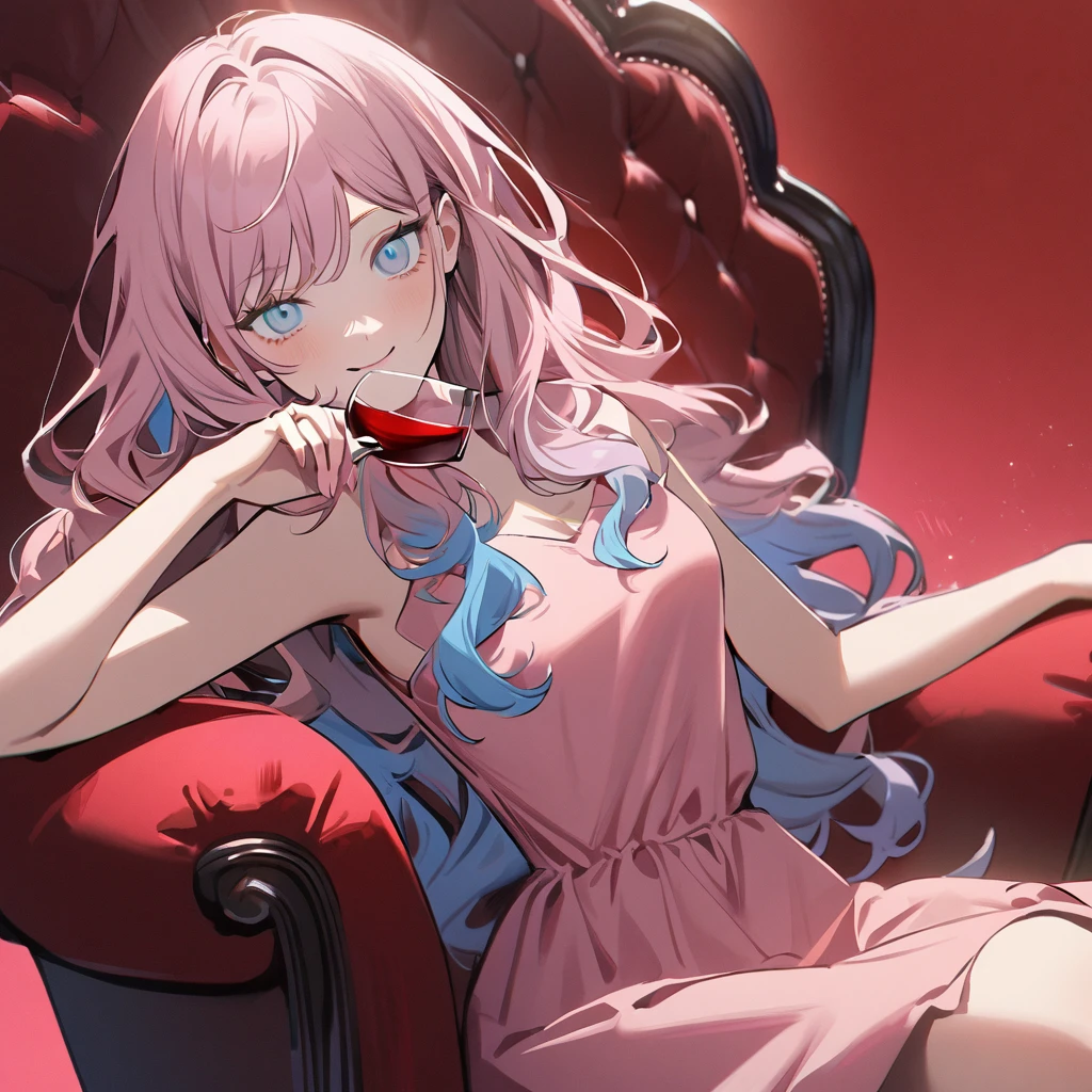 1 girl in chainsaw man style, long wavy hair, light pink hair, hair with blue tips, multicoloured, light blue eyes, cute pink dress, (big boobies),sitting on a red throne, holding a glass of wine with a small smile
