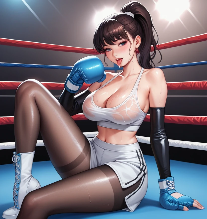 korean beautifull girl,18 years old,Pretty Face,Good shape,detailed picture, Seductive expression sticking out tongue, blush,Ponytail, Wear white yoga clothes,Soaked,Wear black pantyhose,high-heel boots, Wearing boxing gloves,Black sleeves on arms, Sitting in the boxing ring,Large Breasts,Cleavage,Long legs,Thin waist,nipple,M leg