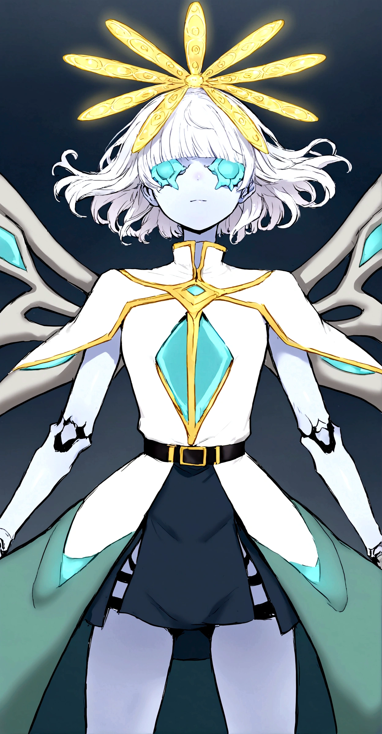 Angel light blue skin short wavy white hair with bangs that cover the eyes skeletal wings 