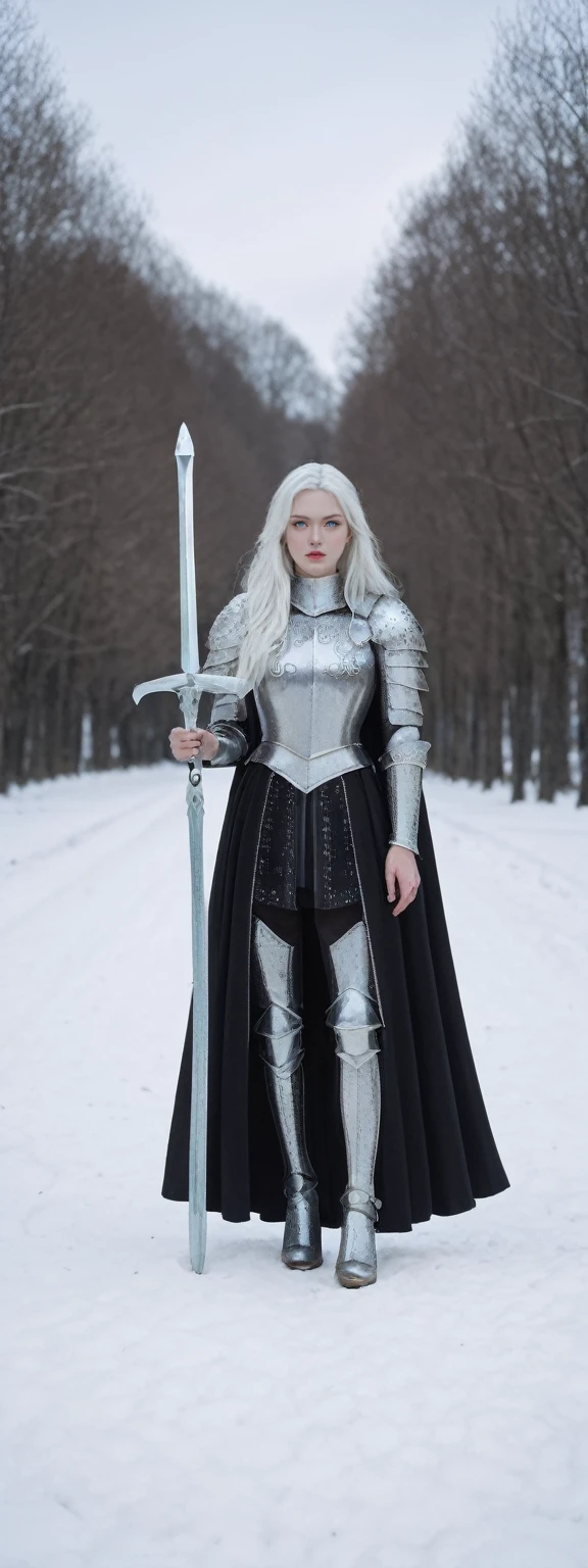 realistic,score_9, score_8_up, score_7_up, 
hyper detailed, ultra detailed, UHD, beautiful girl, perfect anatomy, perfect body, model, stylish pose, wearing full plate body fantastic armor with cape, holding huge crystal sword, snowy medieval road, (random color:1.4),
long hair, various hairstyles, white hair, blue eyes, glowing eyes,
extremely detailed,sexy pose