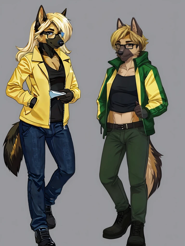furry, furysona, draw, german shepherd, glasses black, girl, pants jean green, jacket black, hair blonde long style, single, background, woman chest, bulge, height 7'10