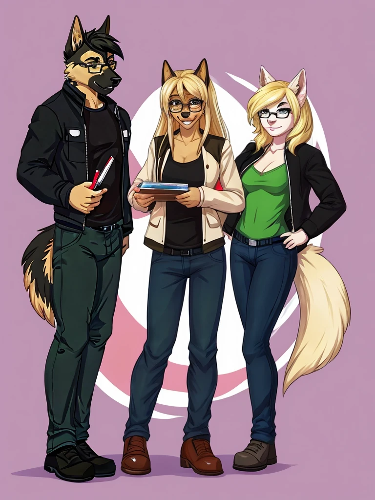 furry, furysona, draw, german shepherd, glasses black, girl, pants jean green, jacket black, hair blonde long style, single, background, woman chest, bulge, height 7'10