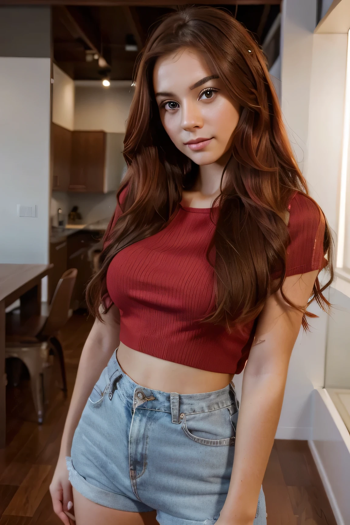 Create an image of a young girl of 28 with striking features: half of her hair is a vibrant shade of red, complementing her deep brown eyes. She's dressed casually in a comfortable red top, exuding a sense of relaxed confidence with different posees.", highres, 8k, best quality, award winning