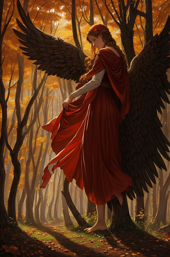 Recreate the image of a fallen angel in a medieval fantasy setting. The scene should convey a feeling of mystery and solemnity.

Image Elements:

Personagens Principais:

fallen Angel: An angel with partially destroyed wings. Wear elaborate and detailed Renaissance costumes, with a solemn and introspective pose.
human figure: A smaller figure in perspective, in medieval costumes, watching the angel.
enviroment:

fund: A desolate landscape with twisted trees and rocks. Use Renaissance Linear Perspective to Create Depth.
colors: Use an earthy, natural color palette, common in the Renaissance. Apply chiaroscuro techniques for dramatic contrast between light and shadow.
detaileds: Add details like crosses, swords stuck in the ground, and autumnal vegetation with shades of red, laranja e dourado.
composition:

Center the angel in the image with the damaged wings open.
Position the human figure to create a line of sight to the angel, adding depth to the scene.
artistic style:

References: Get inspired by Renaissance artists like Leonardo da Vinci, Michelangelo and Raphael.
Light and Shade: Use the chiaroscuro technique to create contrast and depth.
detalhamento: Add realistic details to costumes, wings and background. Use thin brushstrokes for facial details and textures.
Additional Instructions:

Keep the mystical and solemn atmosphere of the original image.
Make sure the details and composition are in harmony with the Renaissance style, highlighting realism and depth.