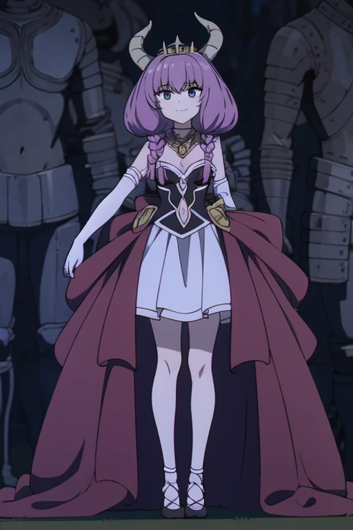 ((Best quality))),((Ultra-detailed)),((illustration)),((Disheveled hair)),((frilld)),(1 girl),(Solo), 1girl,solo,rating:safe,wedding,bare_shoulders,breasts,bridal_gauntlets,bridal_veil,cleavage,clothing,crown,curtsey,dress,drop_earrings,earrings,elbow_gloves,female,female_only,gloves,headdress,headwear,jewelry,layered_dress,long_hair,looking_at_viewer,necklace,skirt_hold,smile,standing,strapless,strapless_dress,tiara,veil,very_long_hair,white_dress,white_footwear,white_gloves, pink hair,grey hair,Horns,