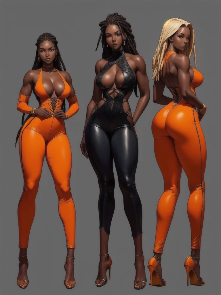 ((best quality)), ((4k)), ((highres)), ((masterpiece:1.2)). ((detailed)), ((ultra realistic)), ((intricate details)), ((full body picture)), a full body picture of a beautifull Ebony skinned female, black woman, dark skin, ebony princess, ebony model, perfect face, detailed eyes, detailed lips, posing with her arms above her head, ((arms above her head)), about 25 years old, about 5'7 ft. tall, long thin dreadlocks down to her hips, ((emphasis on her long thin dreadlocks down to her hips)), pretty, feminine woman, toned body but not too muscular looking, hourglass figure, dressed in a skin-tight sleeveless full body orange jumpsuit, ((emphasis on the skin-tight sleeveless full body orange jumpsuit)), gold adornments, showing cleavage, glamorous, strappy lace up high, fighting game character concept art, tekken character design, the king of fighters character concept, full bofy, full body concept art, full body art
