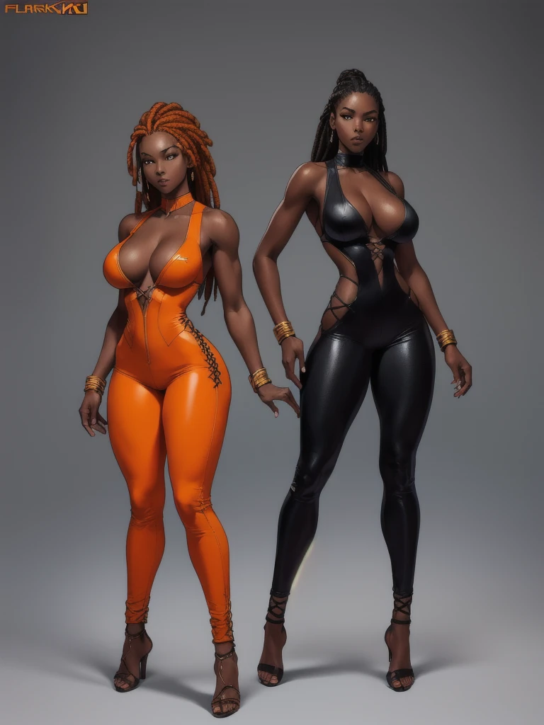 ((best quality)), ((4k)), ((highres)), ((masterpiece:1.2)). ((detailed)), ((ultra realistic)), ((intricate details)), ((full body picture)), ((character design sheet)), a full body picture of a beautifull Ebony skinned female, black woman, dark skin, ebony princess, ebony model, perfect face, detailed eyes, detailed lips, posing with her arms above her head, ((arms above her head)), about 25 years old, about 5'7 ft. tall, long thin dreadlocks down to her hips, ((emphasis on her long thin dreadlocks down to her hips)), pretty, feminine woman, toned body but not too muscular looking, hourglass figure, dressed in a skin-tight sleeveless full body orange jumpsuit, ((emphasis on the skin-tight sleeveless full body orange jumpsuit)), showing cleavage, glamorous, strappy lace up high, fighting game character concept art, tekken character design, the king of fighters character concept, full bofy, full body concept art, full body art