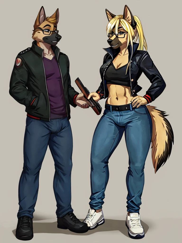 furry, furysona, draw, german shepherd, glasses black, girl, pants jean green, jacket black, hair blonde long style, single, background, woman chest, bulge, height 7'10