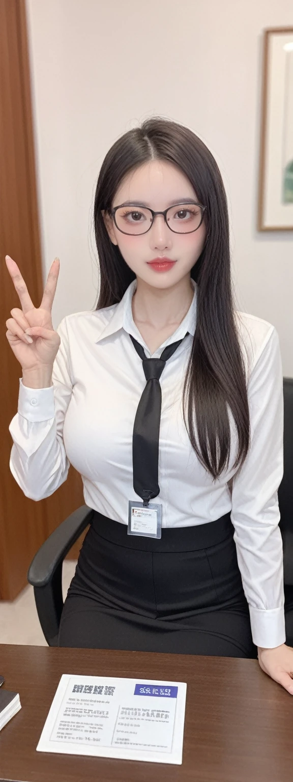 realistic,score_9, score_8_up, score_7_up, 
side_light,very aesthetic,rating_explicit,beautiful face,1girl,20yo,slim chinese actress,Give a V victory sign,blush,black-framed_eyewear,very long hair,sitting on the operating table,damimi,blurry_background,surgical lamp,bra,pantyhose,miniskirt,office lady,id card,lanyard,black bra,black necktie,huge breast