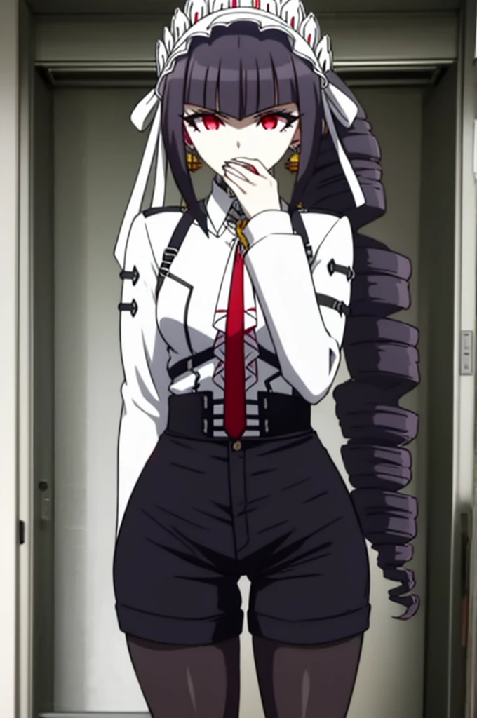 white shirt, pantyhose, thigh strap, celestia ludenberg, black hair, bonnet, (drill hair:1.2), earrings, long hair, (red eyes:1.5), (twin drills:1.2), Background school classroom,Sexy clothes, best quality resolution, hands with five fingers detailed, best quality
