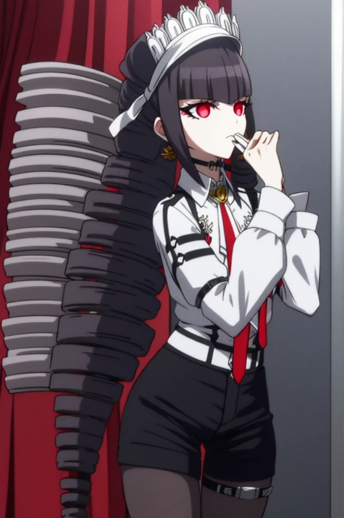 white shirt, pantyhose, thigh strap, celestia ludenberg, black hair, bonnet, (drill hair:1.2), earrings, long hair, (red eyes:1.5), (twin drills:1.2), Background school classroom,Sexy clothes, best quality resolution, hands with five fingers detailed, best quality 