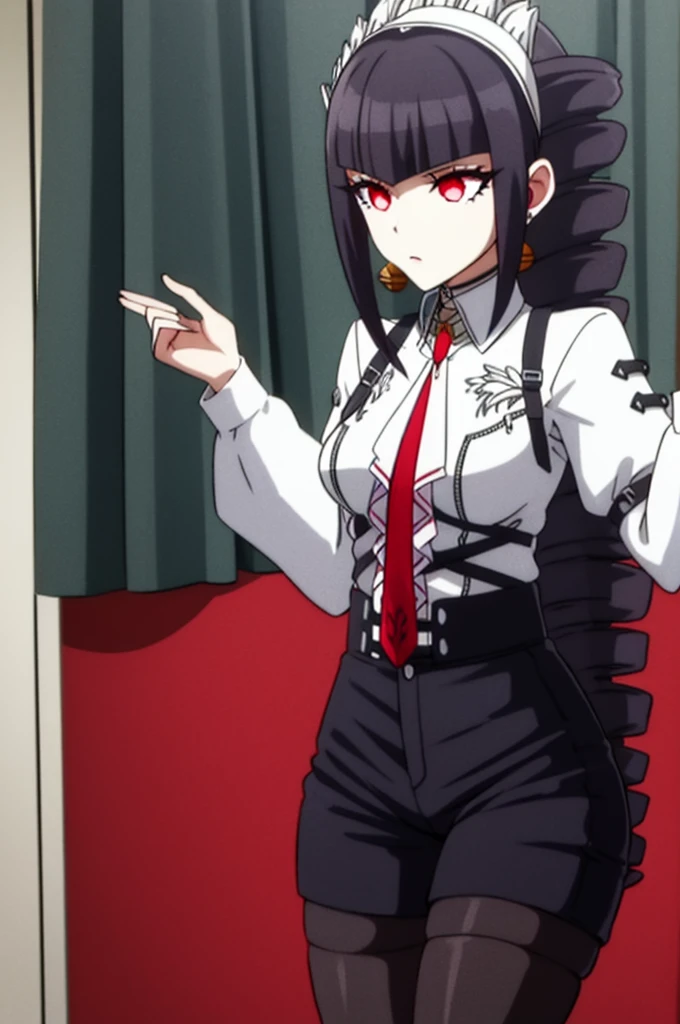 white shirt, pantyhose, thigh strap, celestia ludenberg, black hair, bonnet, (drill hair:1.2), earrings, long hair, (red eyes:1.5), (twin drills:1.2), Background school classroom,Sexy clothes, best quality resolution, hands with five fingers detailed, best quality 