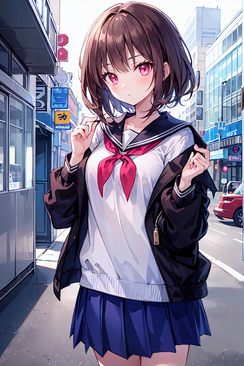 Dark brown hair color,Pale pink eyes,Navy blue school top,Navy Straight Skirt,Kind girl,8K,Ultra HD,beautiful