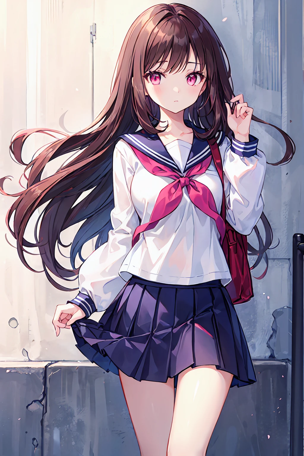 Dark brown hair color,Pale pink eyes,Navy blue school top,Navy Straight Skirt,Kind girl,8K,Ultra HD,beautiful