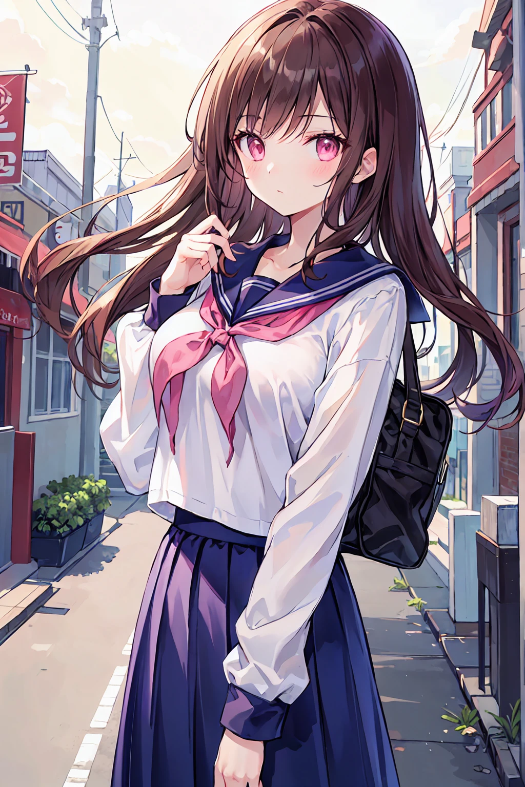 Dark brown hair color，Pale pink eyes，Navy blue school top，Navy Straight Skirt，Kind girl，8K，Ultra HD，beautiful