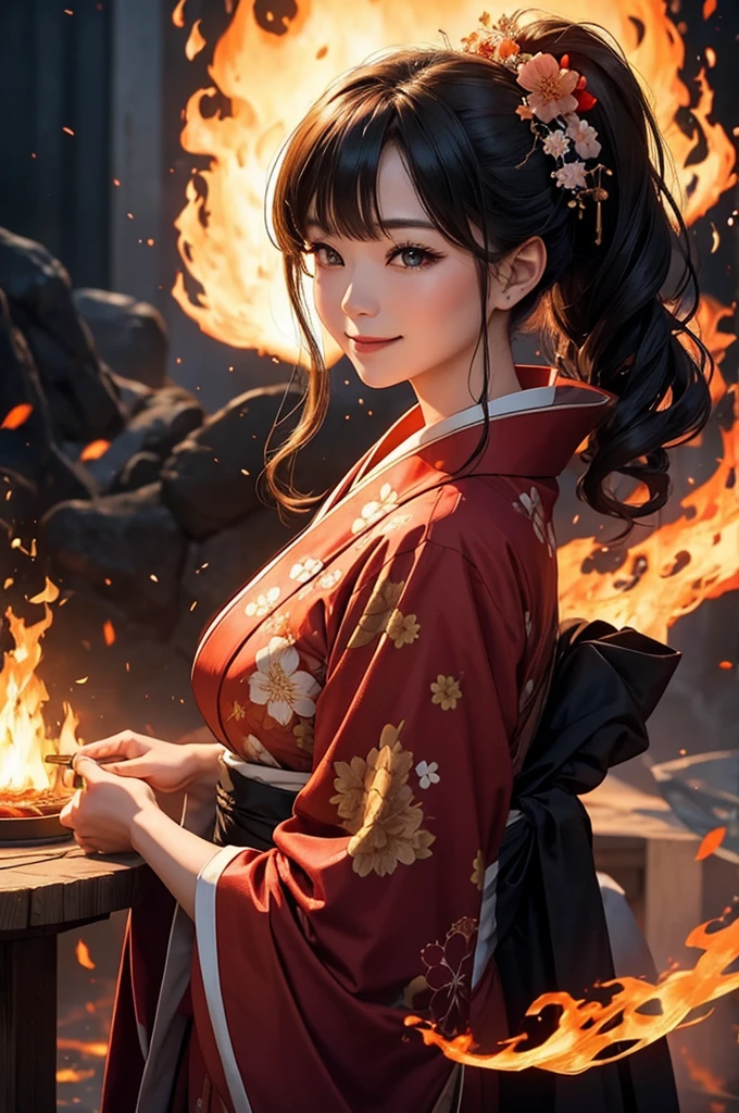 A beautiful woman in a kimono smiles as she makes a contract with a fire demon against the backdrop of a fire magic circle
