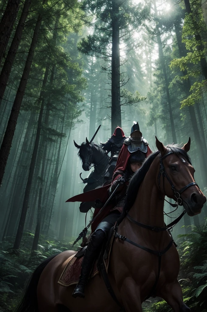 3 knights riding in a dark forest full of monsters
