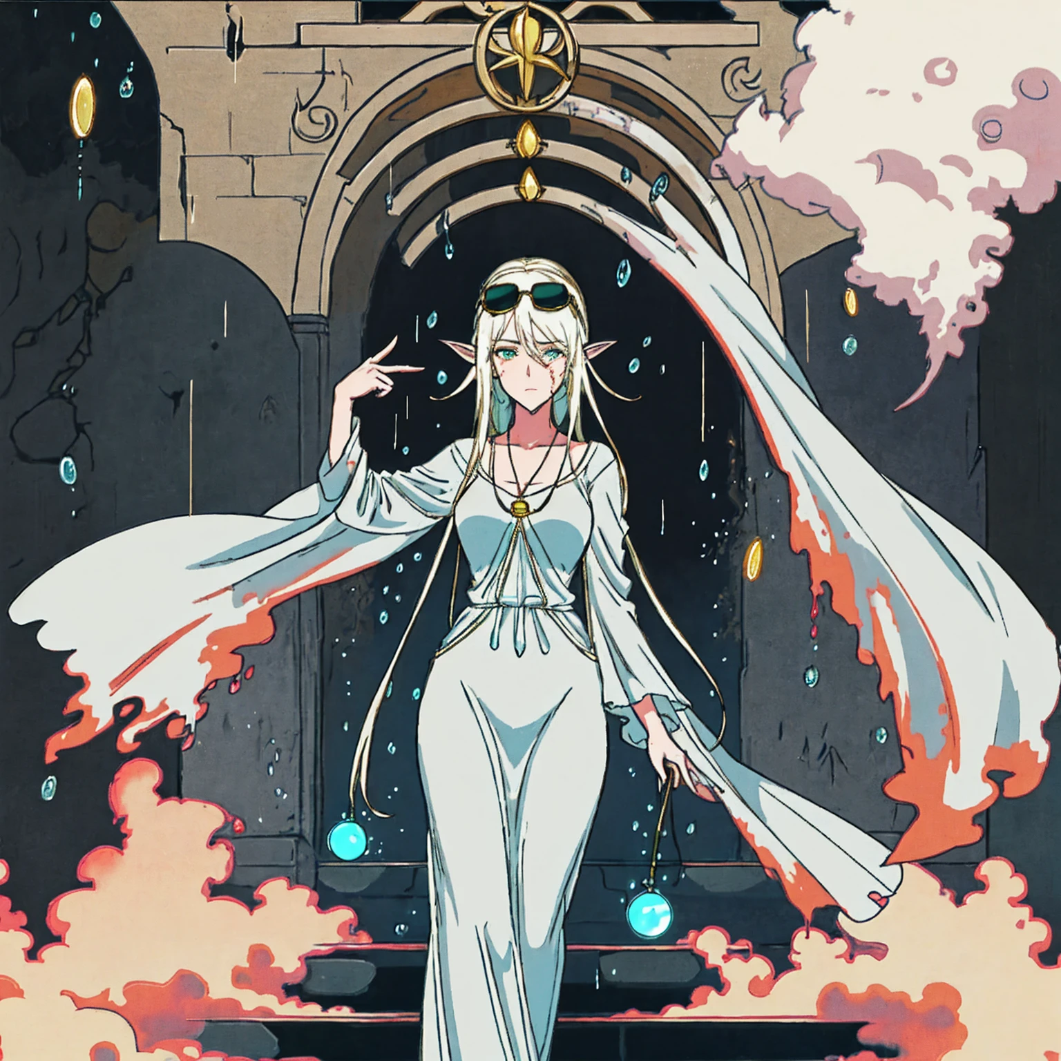 Scene: A lone female elf with white, glowing skin stands in a foggy alleyway. Rain pours down, casting a sheen on the wet cobblestones. Neon signs from nearby streets bleed through the fog, creating an otherworldly glow.
Character: The elf has long, flowing white hair and piercing eyes narrowed in concentration, a shadow cast over them. She wears an elegant, flowing long dress and leans casually against a brick wall. Her fingers are crossed, a gesture hinting at hope or nervousness. Aviator sunglasses perched on her nose add a touch of mystery.
Image Quality: The image is rendered in stunning 8K detail, capturing every raindrop and the intricate details of the elf's clothing and features.