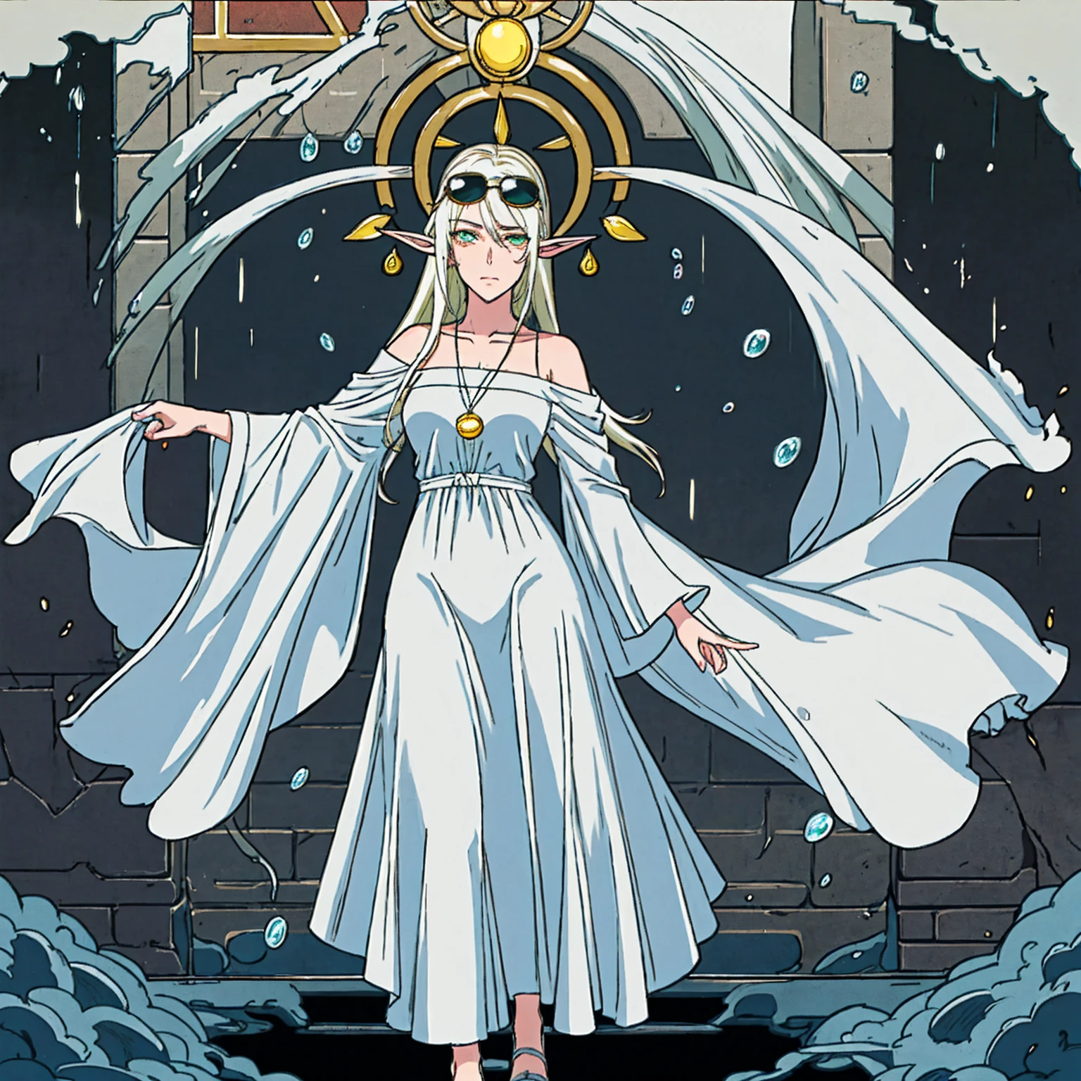 Scene: A lone female elf with white, glowing skin stands in a foggy alleyway. Rain pours down, casting a sheen on the wet cobblestones. Neon signs from nearby streets bleed through the fog, creating an otherworldly glow.

Character: The elf has long, flowing white hair and piercing eyes narrowed in concentration, a shadow cast over them. She wears an elegant, flowing long dress and leans casually against a brick wall. Her fingers are crossed, a gesture hinting at hope or nervousness. Aviator sunglasses perched on her nose add a touch of mystery.

Image Quality: The image is rendered in stunning 8K detail, capturing every raindrop and the intricate details of the elf's clothing and features.