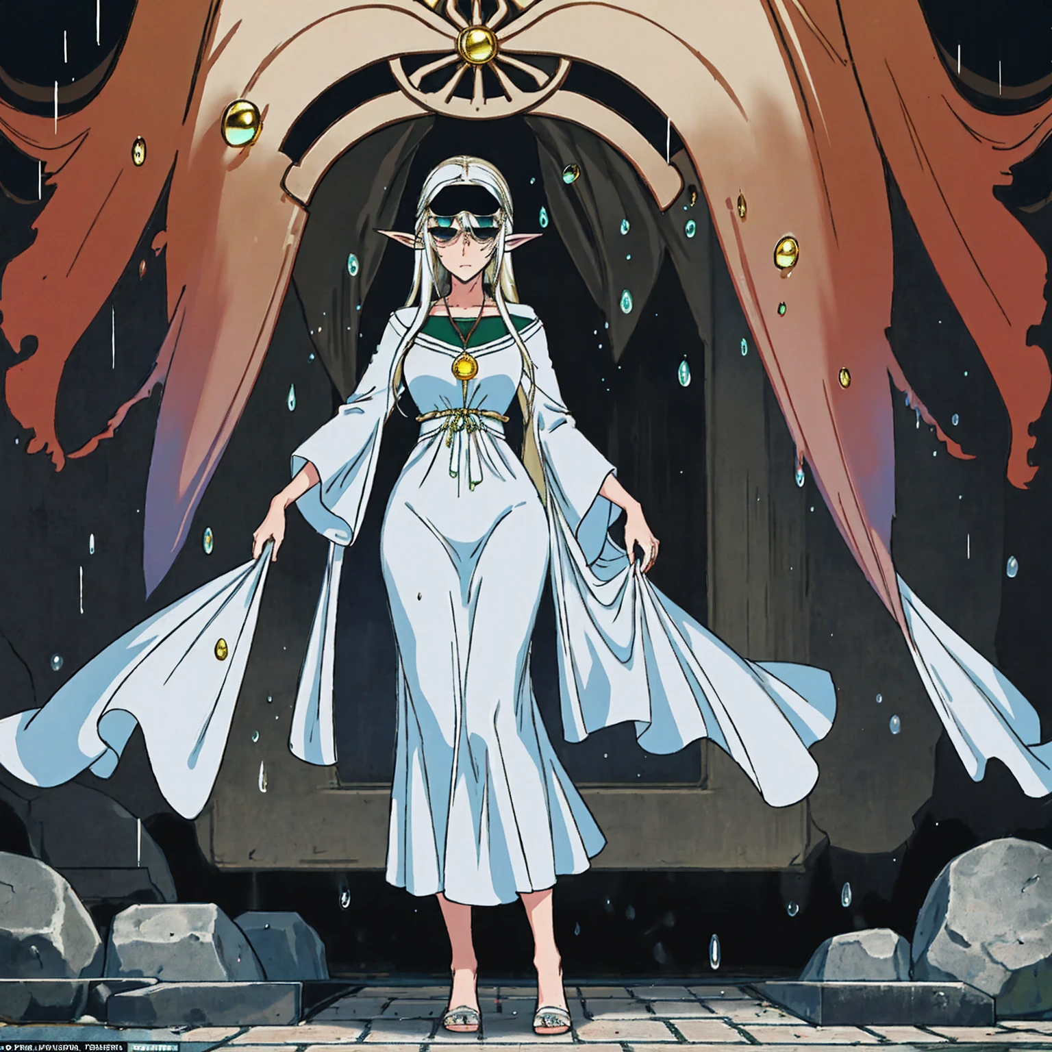Scene: A lone female elf with white, glowing skin stands in a foggy alleyway. Rain pours down, casting a sheen on the wet cobblestones. Neon signs from nearby streets bleed through the fog, creating an otherworldly glow.

Character: The elf has long, flowing white hair and piercing eyes narrowed in concentration, a shadow cast over them. She wears an elegant, flowing long dress and leans casually against a brick wall. Her fingers are crossed, a gesture hinting at hope or nervousness. Aviator sunglasses perched on her nose add a touch of mystery.

Image Quality: The image is rendered in stunning 8K detail, capturing every raindrop and the intricate details of the elf's clothing and features.