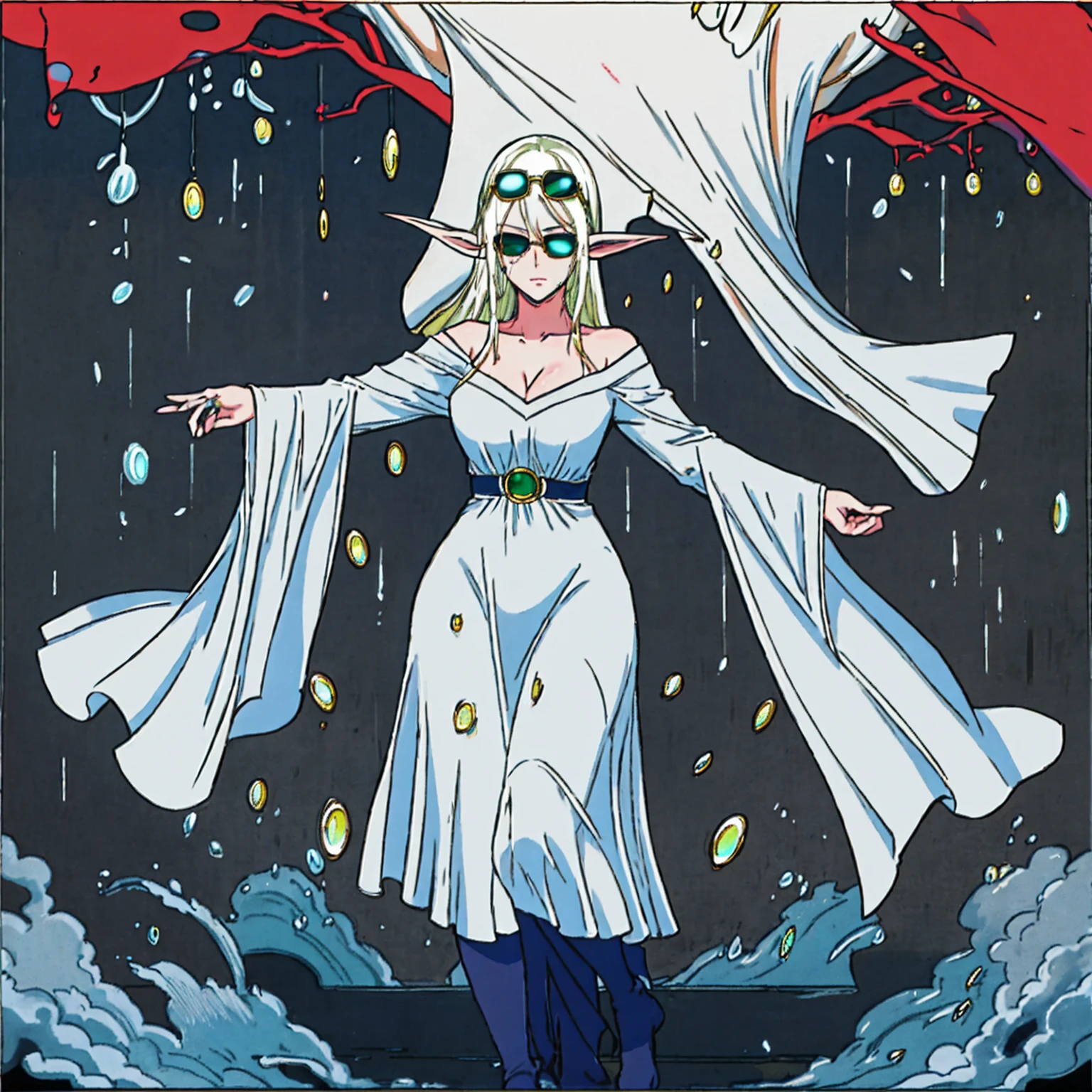 Scene: A lone female elf with white, glowing skin stands in a foggy alleyway. Rain pours down, casting a sheen on the wet cobblestones. Neon signs from nearby streets bleed through the fog, creating an otherworldly glow.
Character: The elf has long, flowing white hair and piercing eyes narrowed in concentration, a shadow cast over them. She wears an elegant, flowing long dress and leans casually against a brick wall. Her fingers are crossed, a gesture hinting at hope or nervousness. Aviator sunglasses perched on her nose add a touch of mystery.
Image Quality: The image is rendered in stunning 8K detail, capturing every raindrop and the intricate details of the elf's clothing and features.